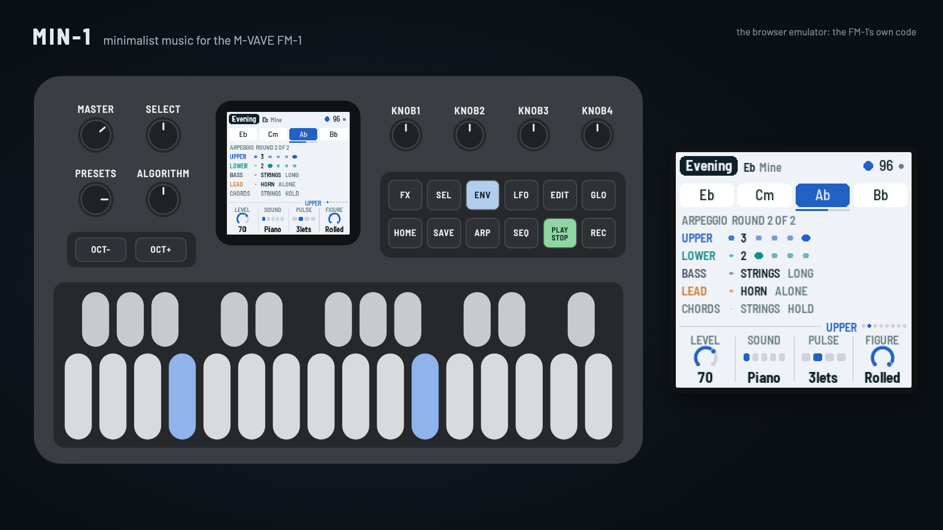 MIN-1 in the browser emulator: the FM-1, and its screen at twice the size