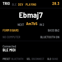 The Bluetooth page while the band plays: DEV lit in the header, NO COMPUTER and BLUETOOTH ON, then Connected and the device's name (BLE MIDI, the simulator's stand-in)
