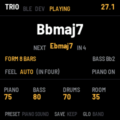 The mix page: PIANO 75, BASS 80, DRUMS 70, ROOM 35