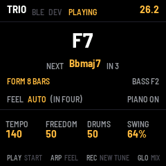 TRIO playing: F7 in large type, NEXT Bbmaj7 IN 3, FORM 8 BARS, BASS F2, FEEL AUTO (IN FOUR)