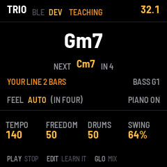 TRIO teaching: TEACHING in the header, Gm7 in large type, NEXT Cm7 IN 4, YOUR LINE 2 BARS, BASS G1, and the footer PLAY STOP, EDIT LEARN IT